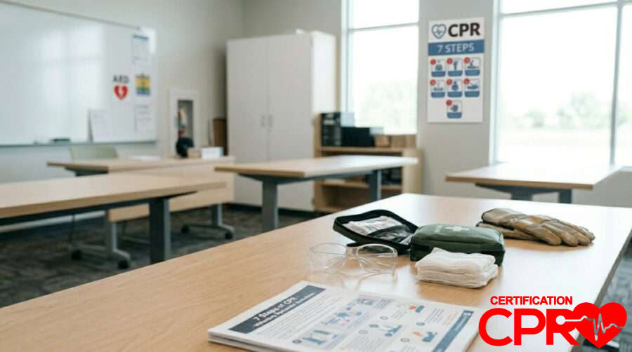 CPR training setup with manikins and instructional materials in El Paso.