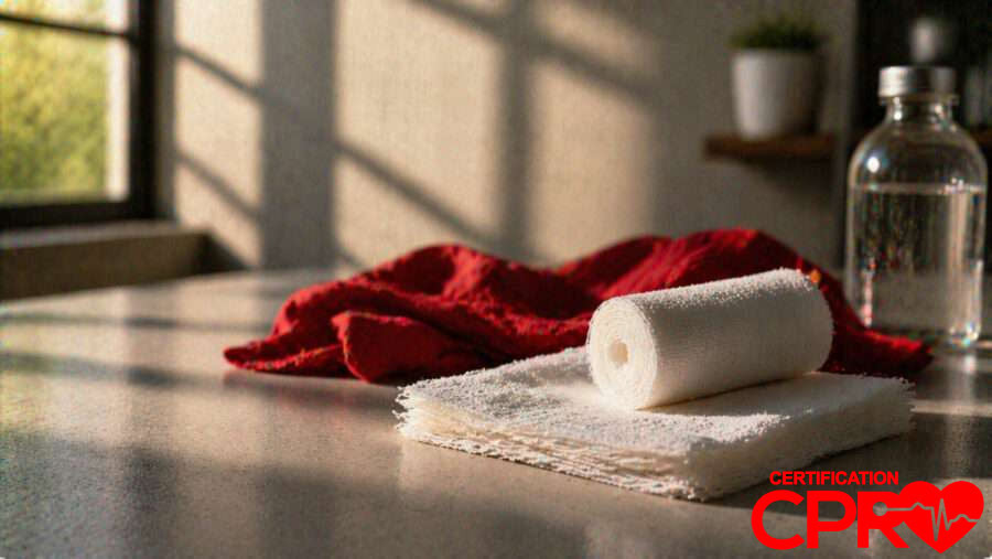 CPR certification training supplies in El Paso, including a roll of gauze and first aid essentials.