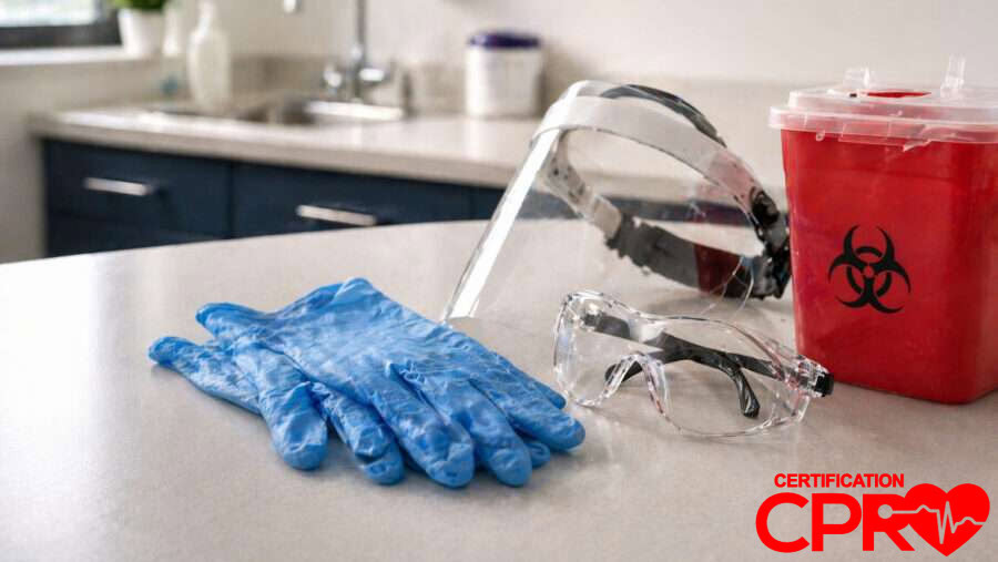 CPR training supplies including gloves, goggles, and biohazard container in El Paso.